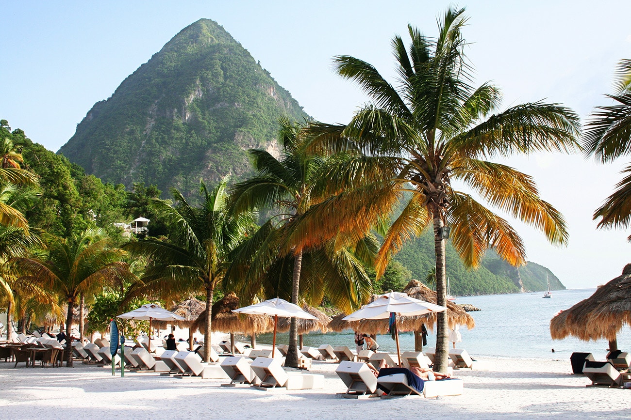 View of St Lucia Pitons from the beach